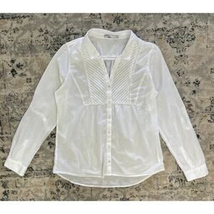 Prana Womens White Smocked Button-up Long Sleeve Shirt Size L Lightweight Cotton